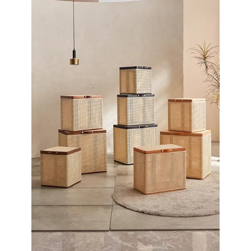 Solid wood rattan storage box creative storage stool Nordic  wabi sandy wind furniture mini box