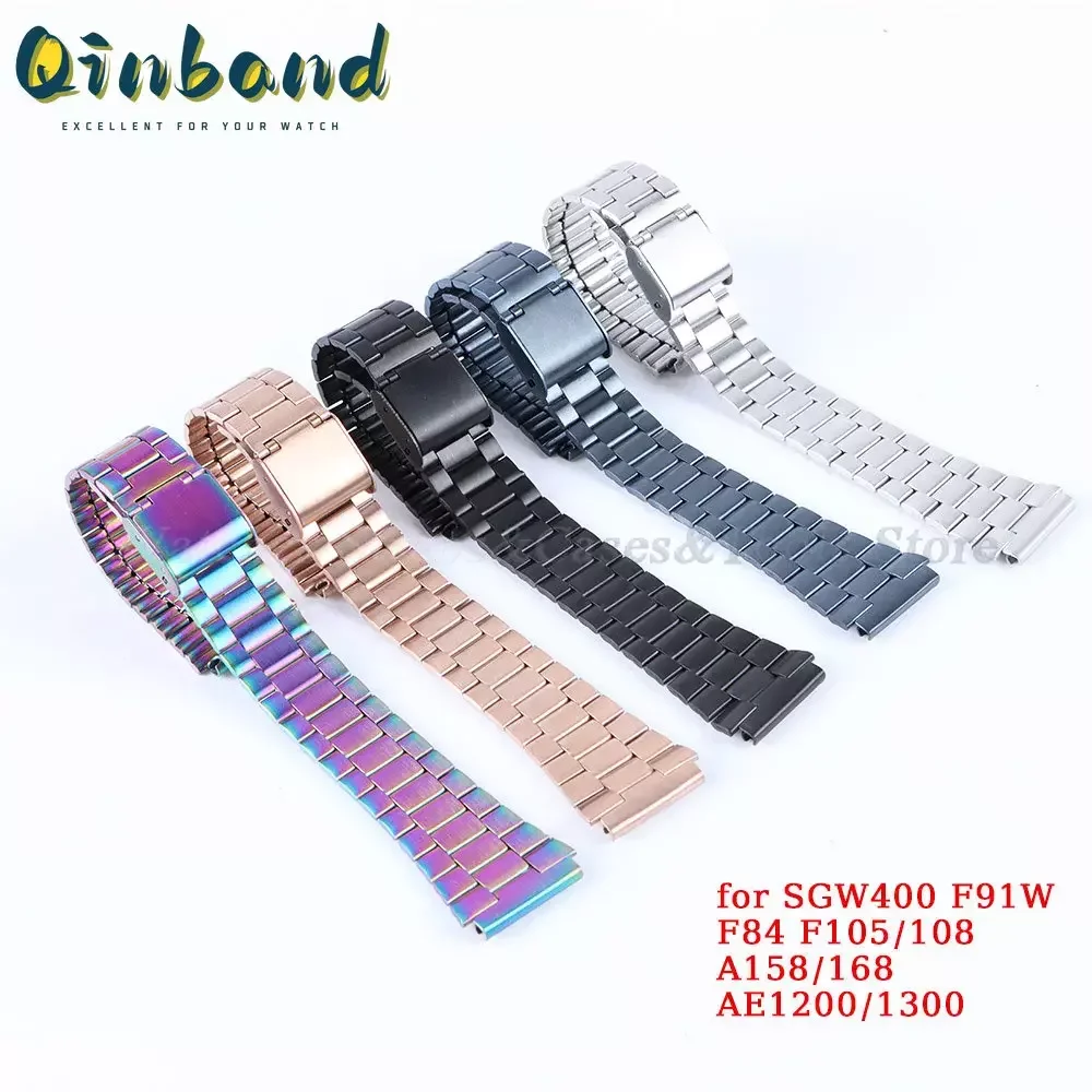 For F-91W 18mm Stainless Steel Watch Band for SGW400 F91W F84 F105/108/A158/168 AE1200/1300 Vintage Watch Steel Wrist Bracelet