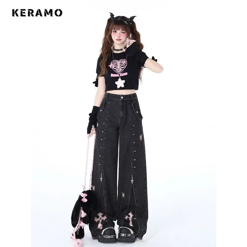 Hotsweet Vintage High Waist Straight Emo Jeans Women\'s Casual Zipper Pants Baggy Y2K Wide Leg Grunge Gothic Street Denim Trouser