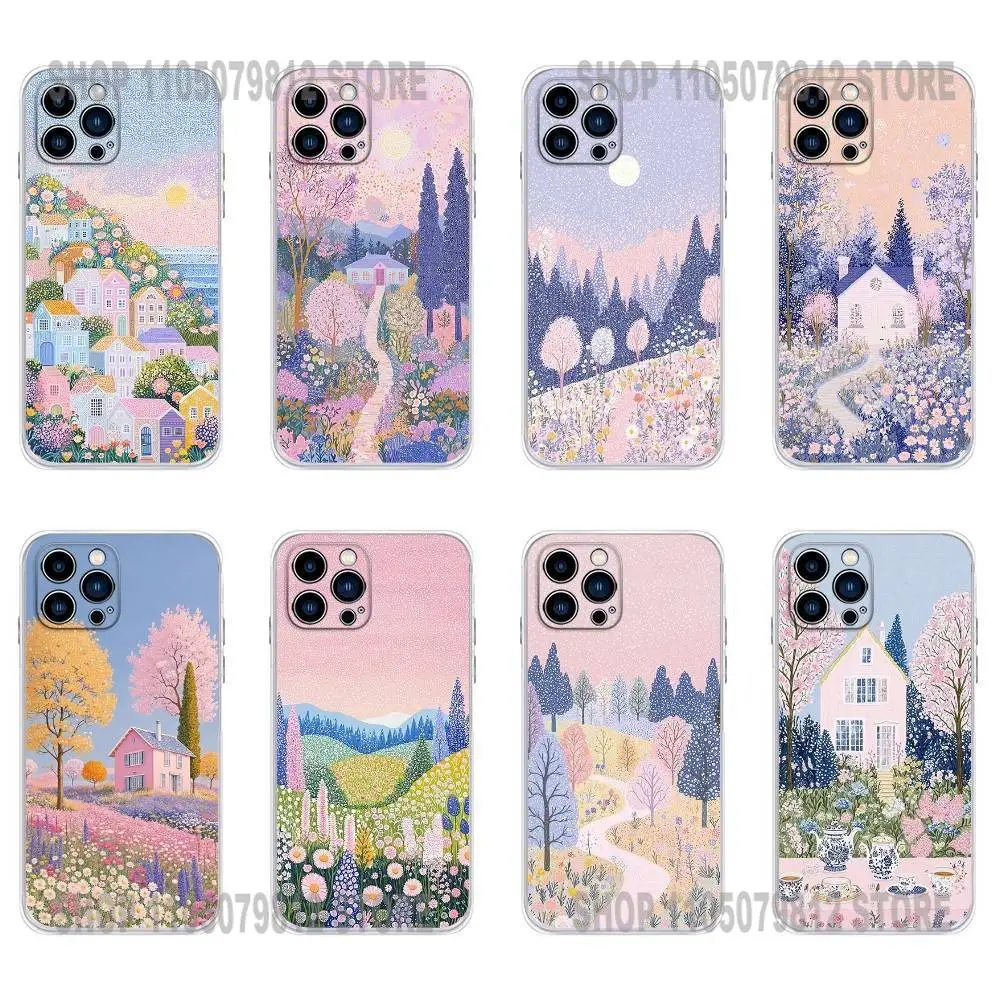 

Pink Vintage Garden House Phone Case For iPhone 17 16,15,14,13,12,11 Plus,Pro,Max,XR,Plus,E,Mini Transparent Soft Cover