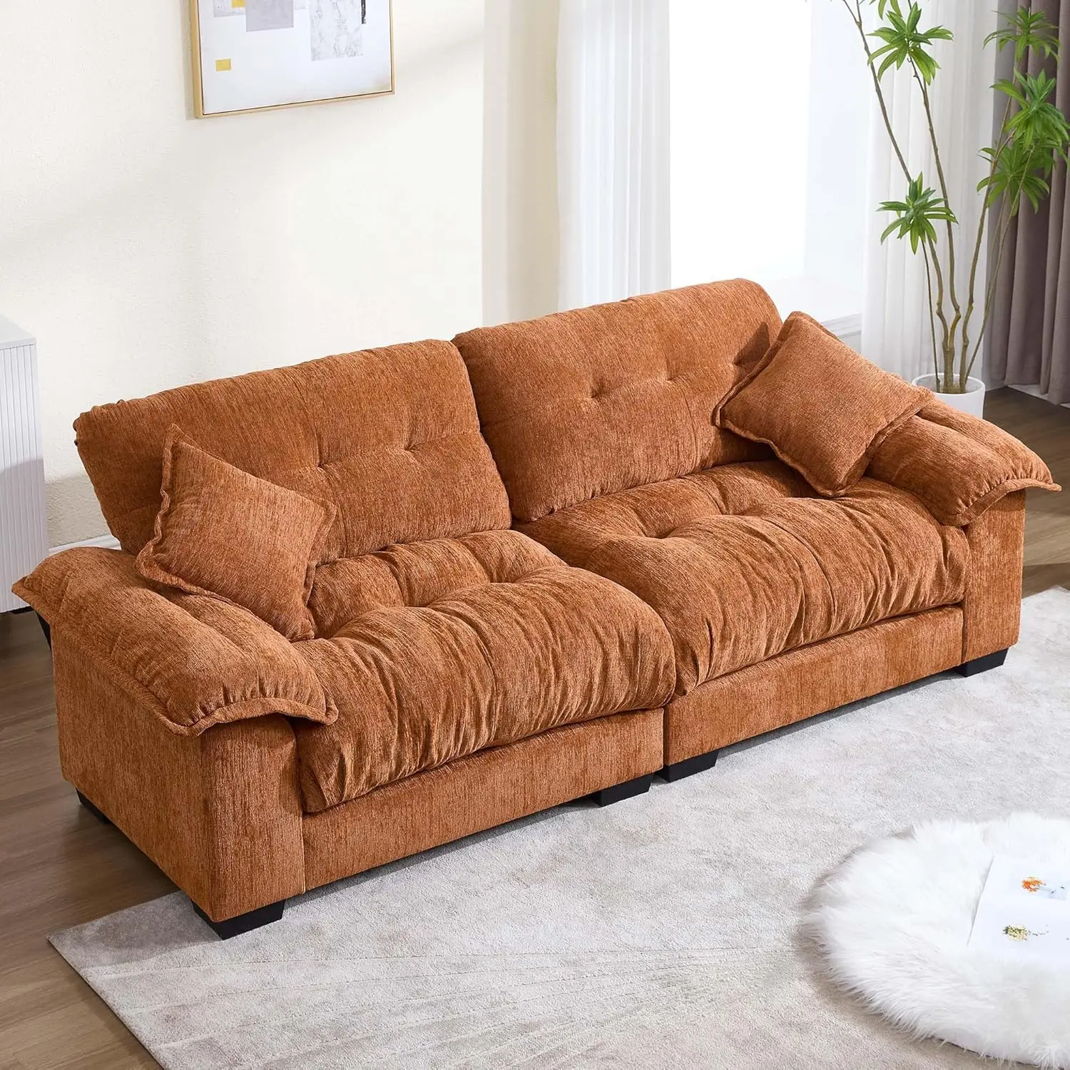 #Modular Tufted Loveseat Deep Seat Armrest Pillow Comfy Living Room Apartment Small Space Orange