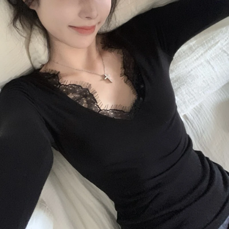 

Pure Desire Black Lace Edge V-neck Long Sleeve T-shirt Women's Autumn Sexy Inner Layer Base Layer Slim Tight Temperament Top