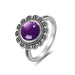 S925 Sterling Silver Natural Amethsyt Rings Sunflower Shape Round Retro Daisy Black Silver Ring Fine Jewelry for Women Men