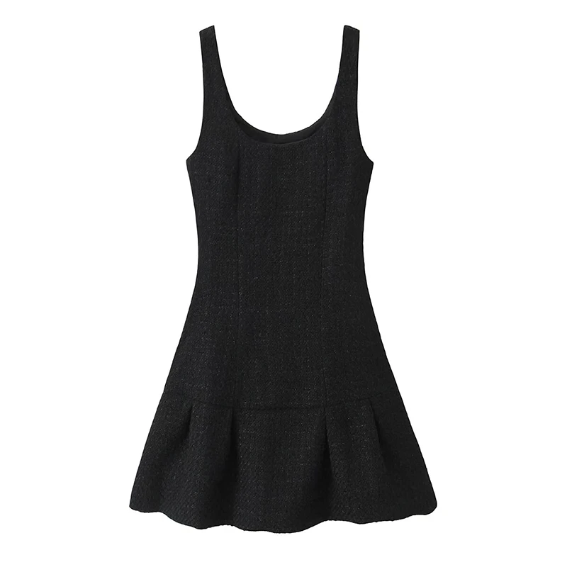 YENKYE Spring 2025 Women Sexy Sleeveless Square Neck A-line Mini Elegant Tweed Tank Dress High Street Robe French Black Vestidos