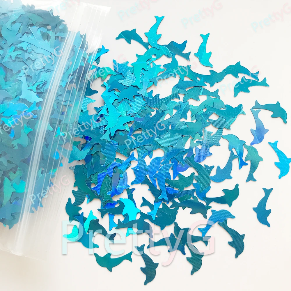 PrettyG 1 Box Blue Holographic Dolphins Glitter Shape Marine Animals Glitter For DIY Nails Art Decorations Accessories