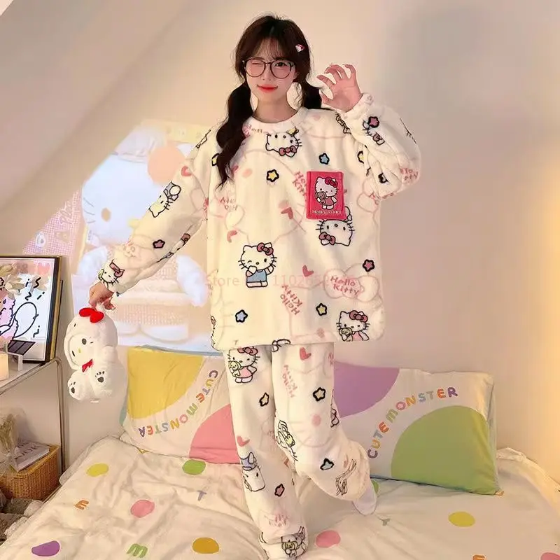 2024 new autumn and winter Sanrio HELLO KITTY coral velvet plus velvet striped suit pajamas for women flannel home clothes