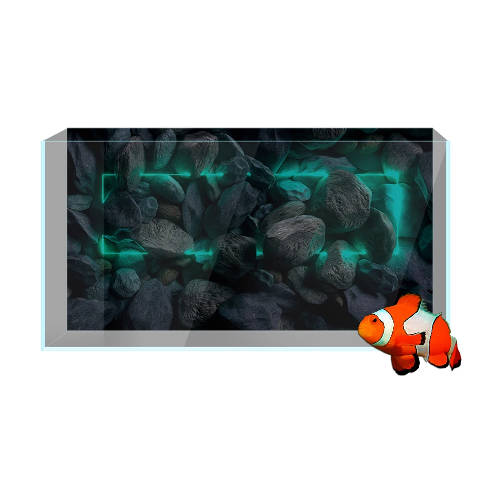 Aquarium Background Sticker, Rock Stone Wall Cyan Rectangle Neon Light HD Printing Wallpaper Fish Tank Backdrop Decorations PVC