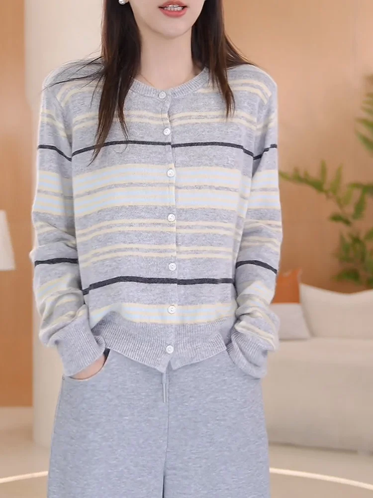 

Новинка осени 2025: кардиган-свитер в полоску, больших размеров, приталенный, в корейском стиле, простой, с эффектом высокого класса, для повседневной носки