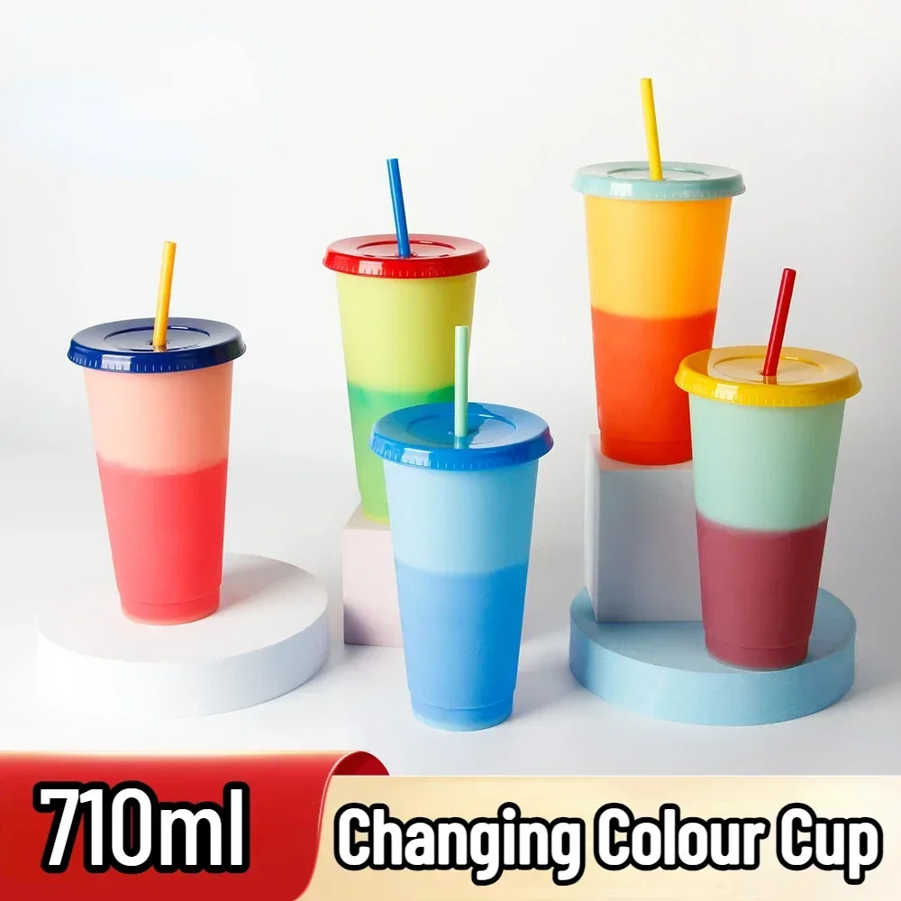 

Creative Reusable Water Cups Changing Colour Cup 710ml with Straws Magical Plastic Cold Water Color Changing Cup Discoloration