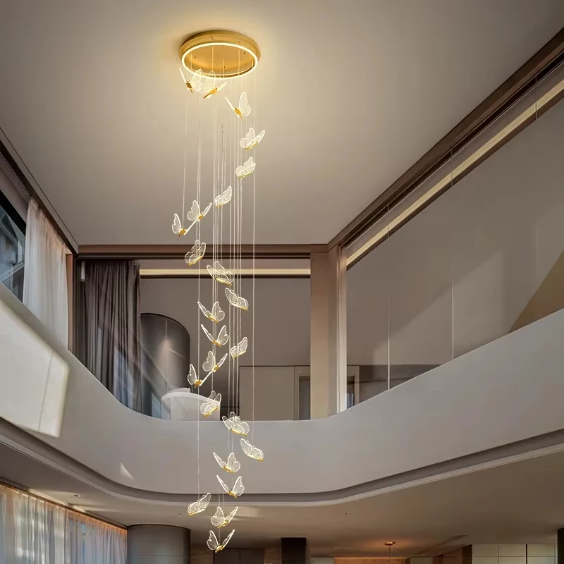 Modern Acrylic Golden Butterfly Staircase Chandelier Nordic Ceiling Light for Living Room Dining Room LED Lighting Installation