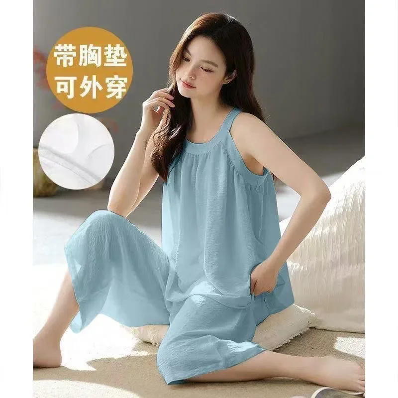 New Women's Sleeveless Cropped Pants Set Loose Adult Pajamas Student Casual Short Homewear Women's Two-Piece Sleepwear  Teenager