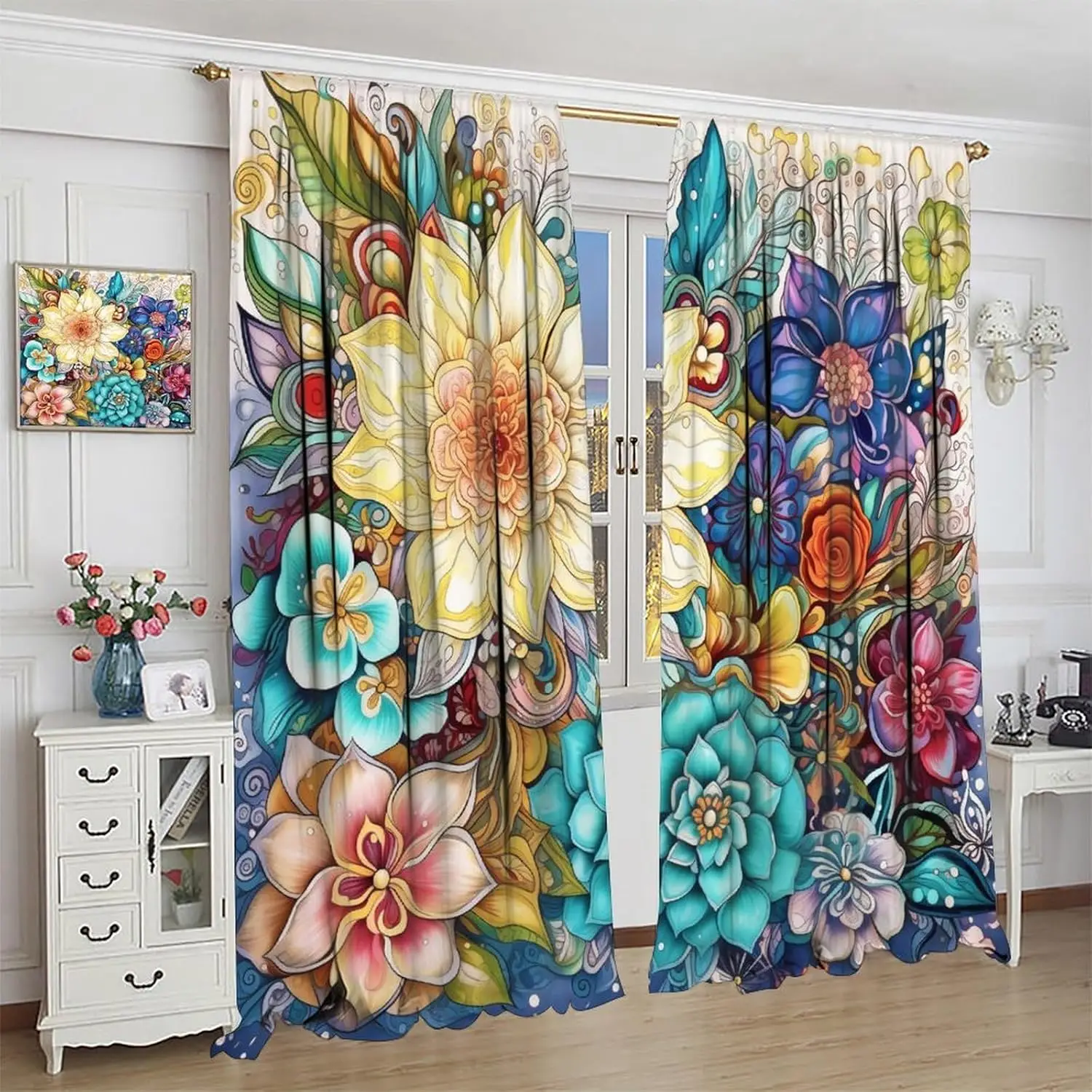 Boho Floral Curtains for Kitchen,Rustic Colourful Cartoon Abstraction Indian Hippy Mandala Plant Flower Window Drapes Print for