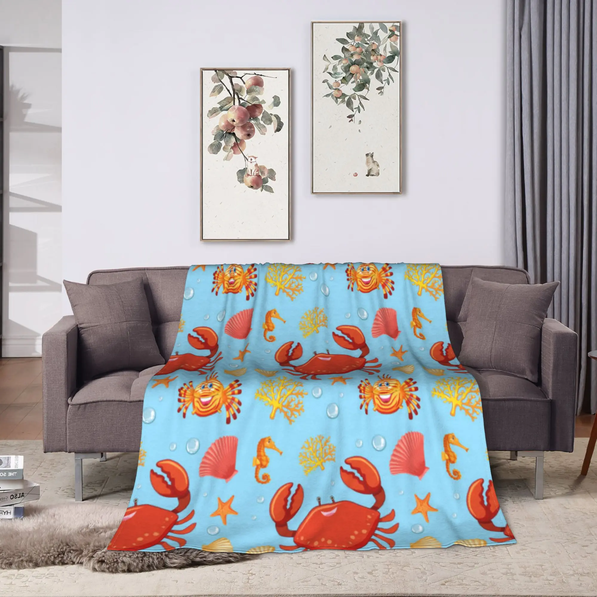 Colorful sea creatures and shells Soft Warm Blanket  Students Plush Throw Blanket Fluffy Flannel Bedspread Sofa Bed Cover