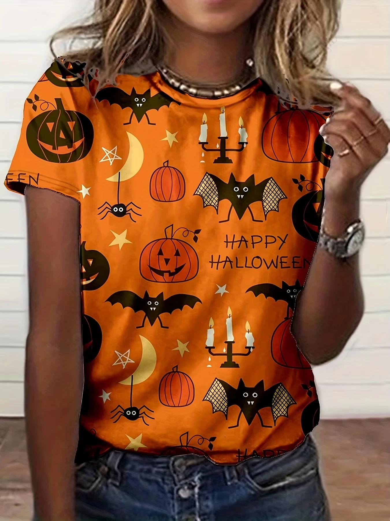 Unisex T‑shirt Happy Halloween Pumpkin Bat Spider Moon All Over Print Short Sleeve Crew Neck Summer Casual Tops Women Clothing