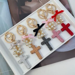Cross Keychain Crystal Rhinestone Pearls Bow Key Ring Women's Bag Pendant Souvenir Gift