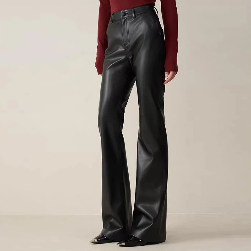 100% Genuine Leather Trousers Women Fashion High Street Cowhide Long Pants 2026 New Chic Ladies Slim-fit Straight Flared Pants