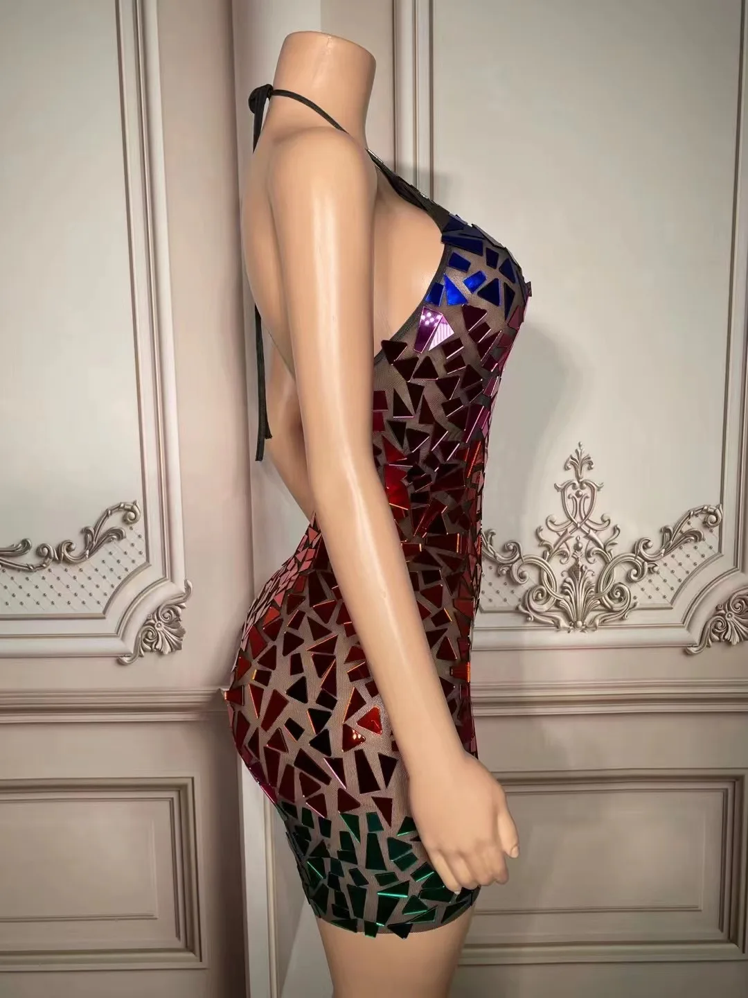 Multi-color Rhinestone Chain Slit Mini Dress Women Evening Party Birthday Prom Sexy Fashion Short Outfit Singer Dance Stage Wear