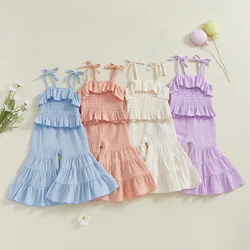Newborn Kids Baby Girls 2PCS Sets Summer Clothes Sleeveless Ruffle Lacing Strap Tops Elastic Flare Pants Outfit Set Children New