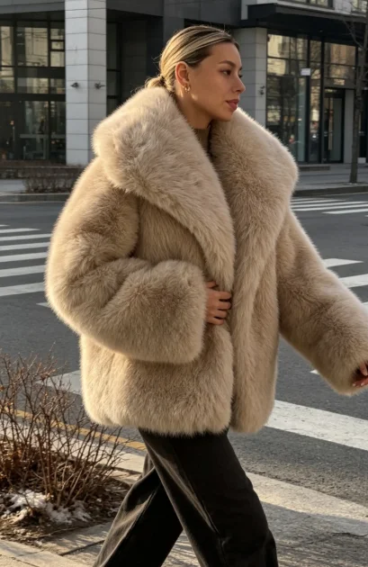 Lady Faux Fur Coat Wide Lapel Collar Long Sleeve Open Front Loose Fluffy Warm Winter Plush Street Outerwear 2026 New Jacket