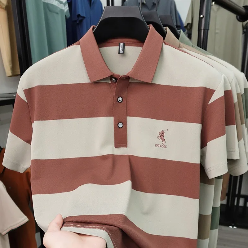 Man's Luxurious Stripe Polo Shirts Short Sleeve Breathable Embroidery T Tops Quality Tennis Golf T-Shirt Business Summer Clothes