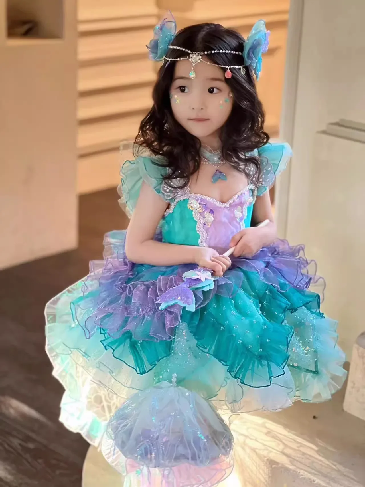 Girls Princess Dress Heart Neckline Puff Sleeve Ruffled Tiered Tulle Sequined Embellished Formal Party Pageant Costume
