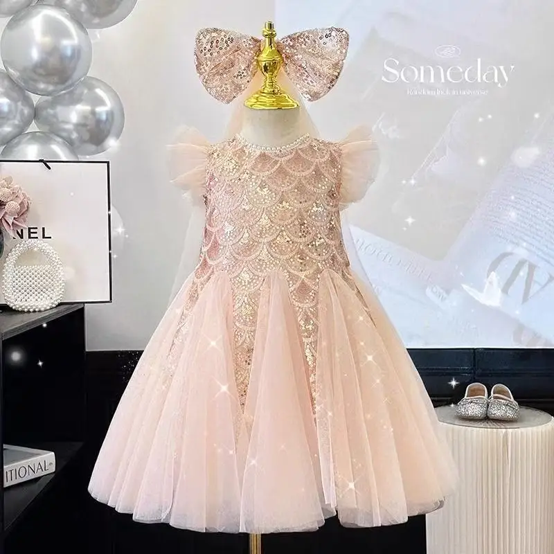 

Girls Sequin Mesh Dress 2026 Summer New Style Children's Temperament Fairy Princess Super Dress for Girls 90-150cm