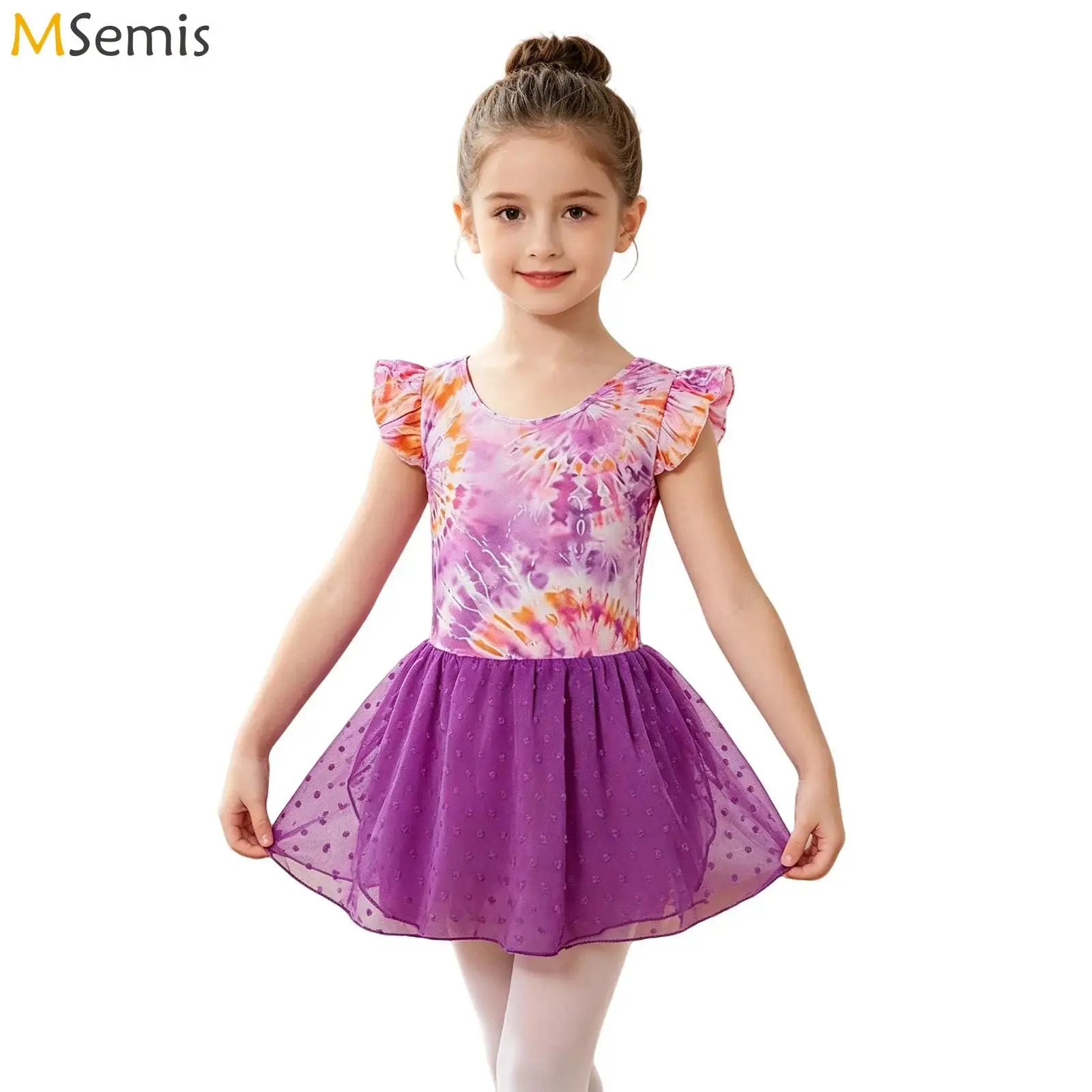 

Kids Girls Ruffled Sleeve Ballet Tutu Dance Dress Ballerina Performance Costume Floral Dance Practice Dress with Built-in Briefs