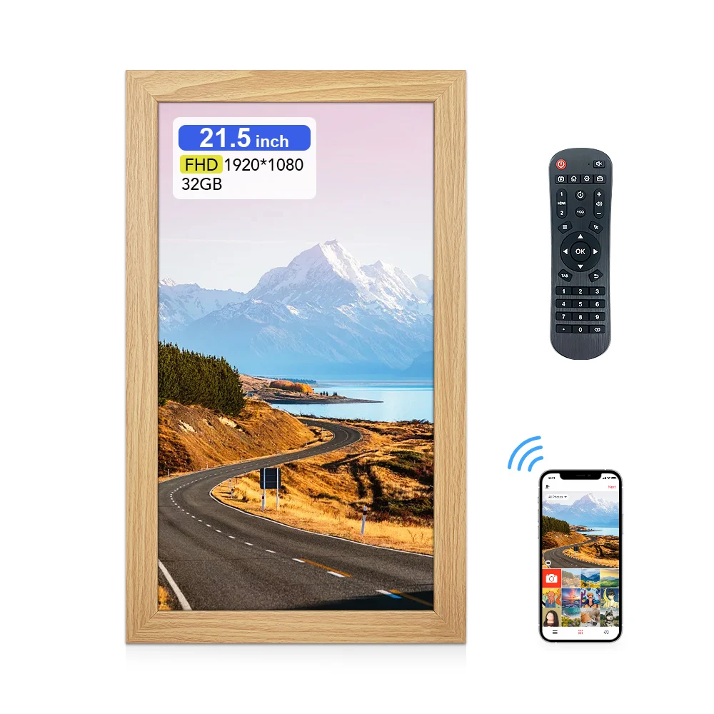 Best Seller  21.5 Inch Wall Mount Art Wooden Video Frame WiFi Digital Picture Frames with Free App Share Photo Freely Home Decor