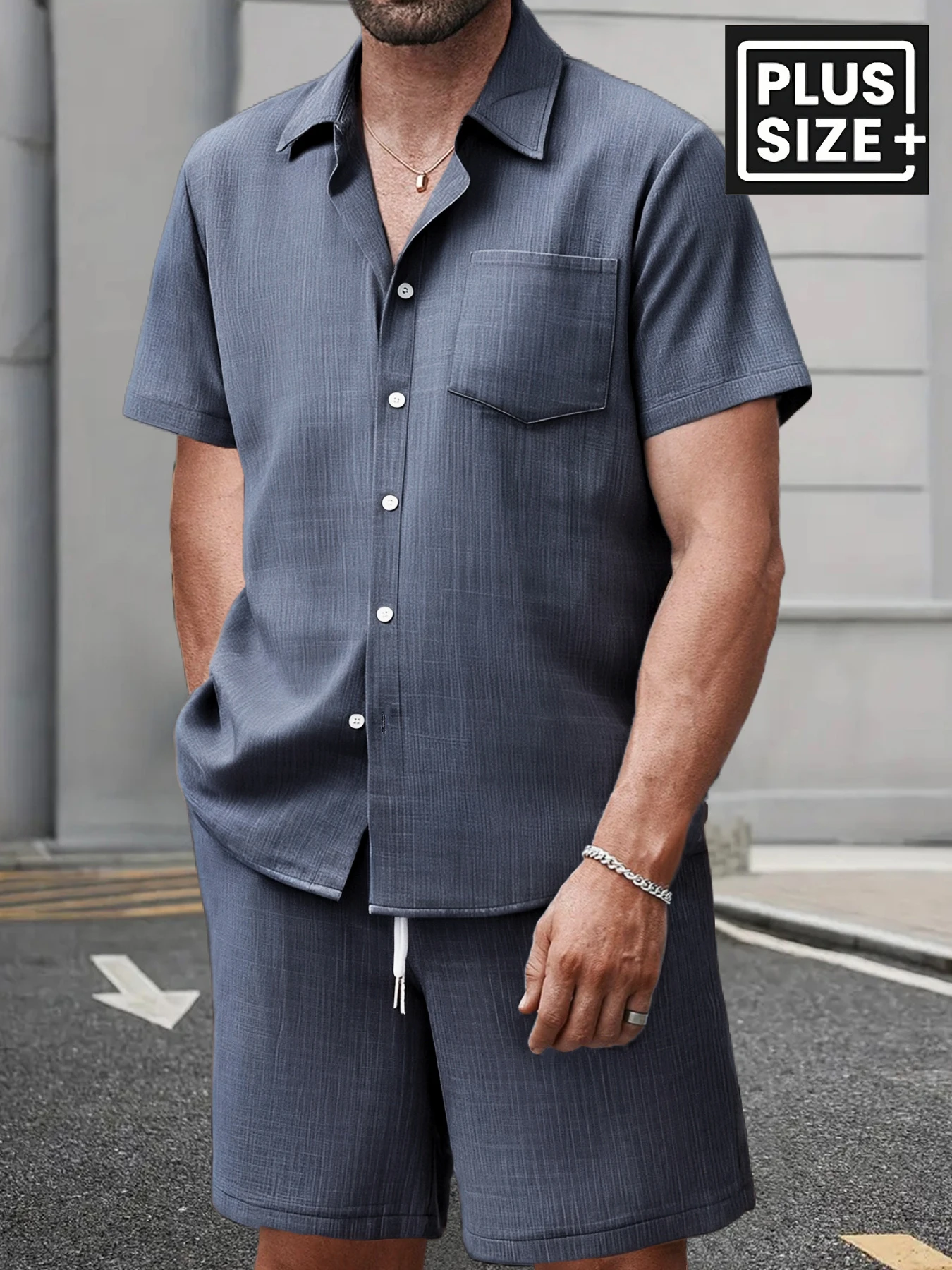 

Men's Plus Size Blue Textured Casual Set 2 Piece Short Sleeve Shirt & Drawstring Shorts Outfit Subcategory Title (Traffic-Generating)