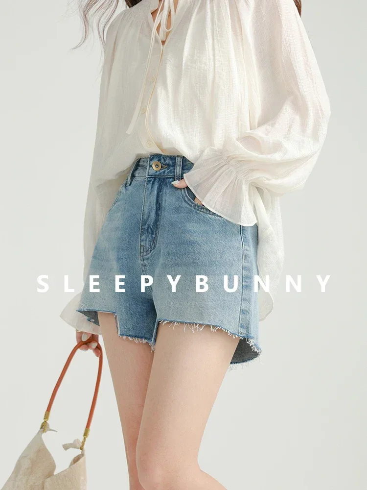 

Vintage Washed Blue High Waist Denim Shorts Women Retro Irregular Hem Fringe A-Line Shorts Casual Loose Fit Petite Size Bottom