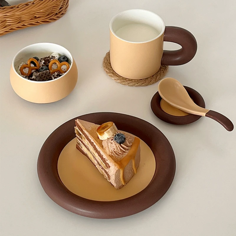 Ceramic Plate Korean Style Contrast Color Round Restaurant Homehold Tableware Afternoon Tea Dessert Cake Bread Fruit Plates