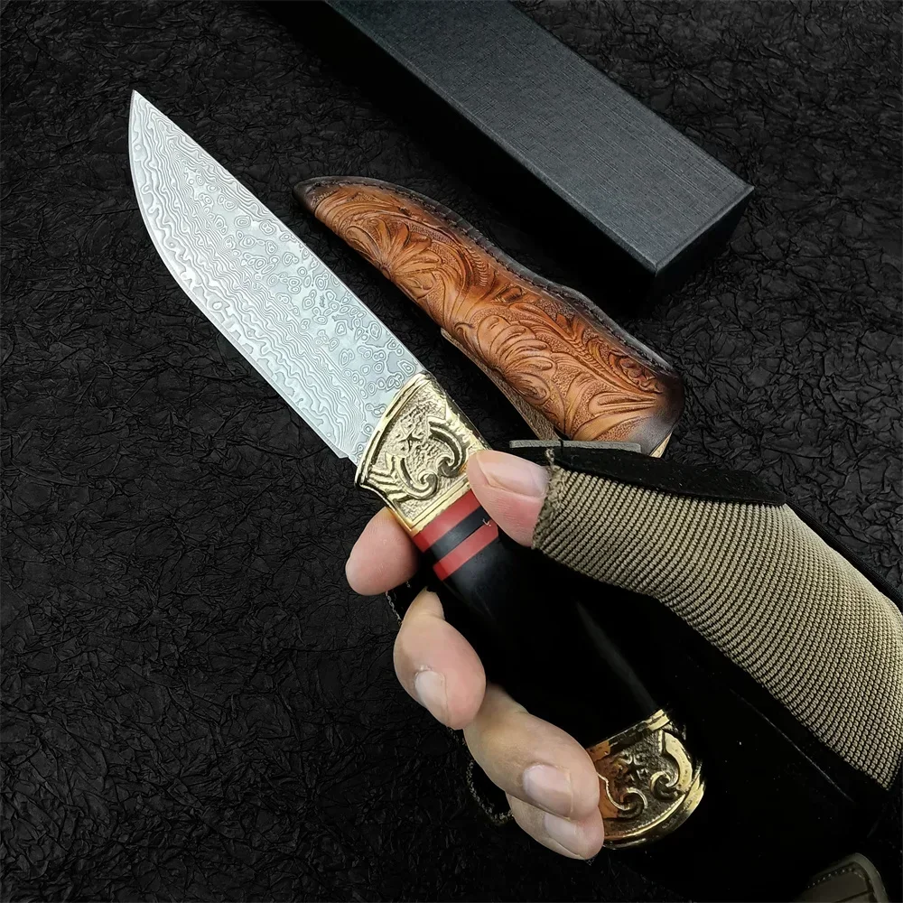 Classic Mongolian Damascus Steel Fixed Blade Straight Knife, Suitable For Hunting Camping Hiking, With Carved Leather Sheath