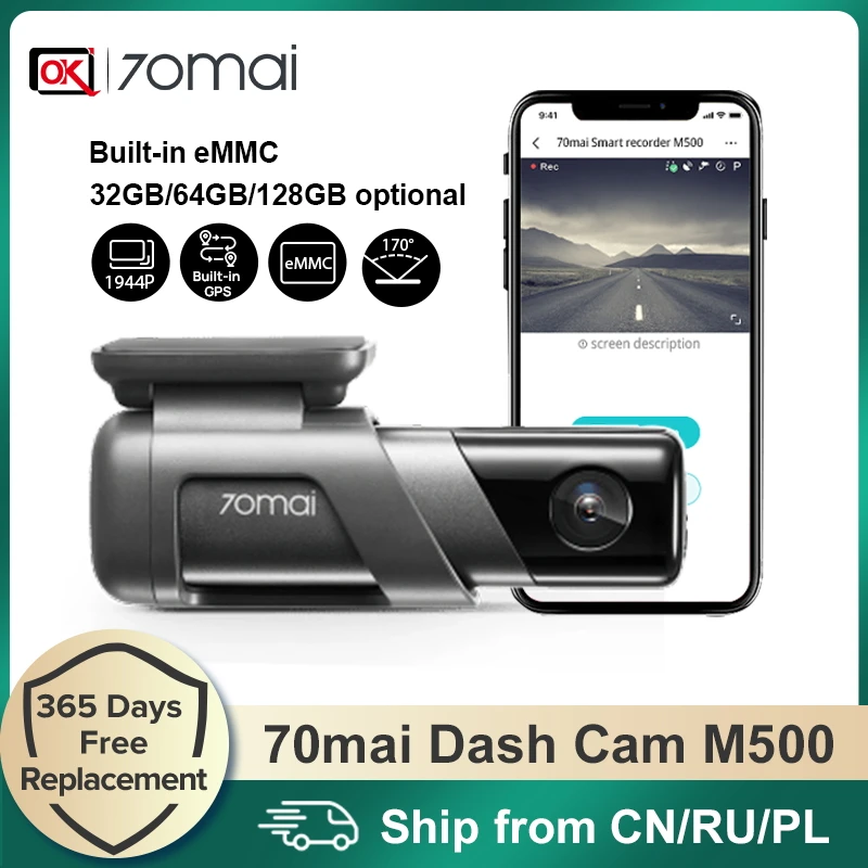 New Dash Cam 70mai M500 1944P 170FOV Car DVR Built-in GPS ADAS 24H Parking Monitor Camera Recorder eMMC built-in Storage