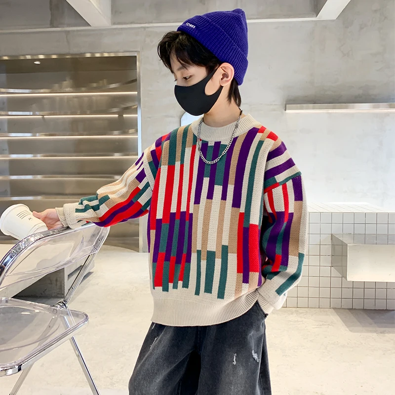 Cool Kids Multi-colored Stripe Sweater For Boy Spring Autumn Knitted Streetwear Clothing Teenage Child Colorful Sweater Knitwear