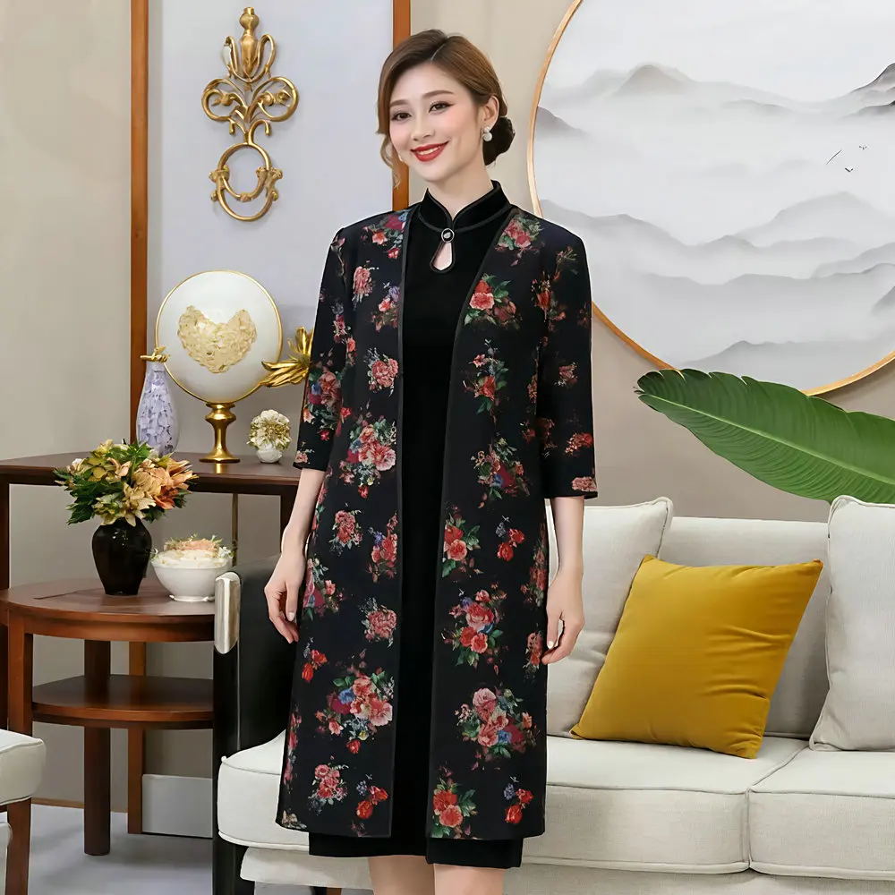 

Women's Black Flower Outerwear Side Splite Half Sleeve Knee Length Clothes Traditional Garment Ladies Attire Oriental Style