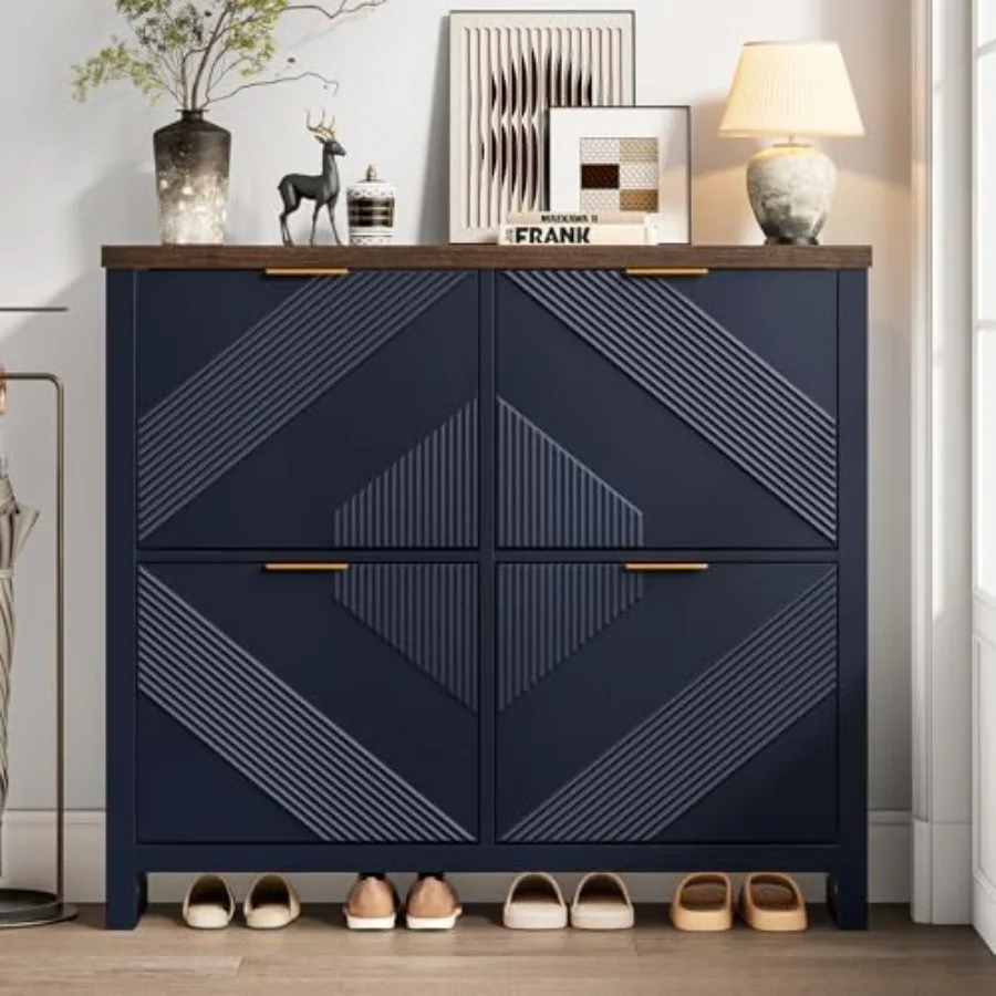 Shoe Cabinet for Entryway Use, MDF Material, Matte White Finish, Space-Saving 4 Flip Drawers with Symmetric Groove Pattern Desi