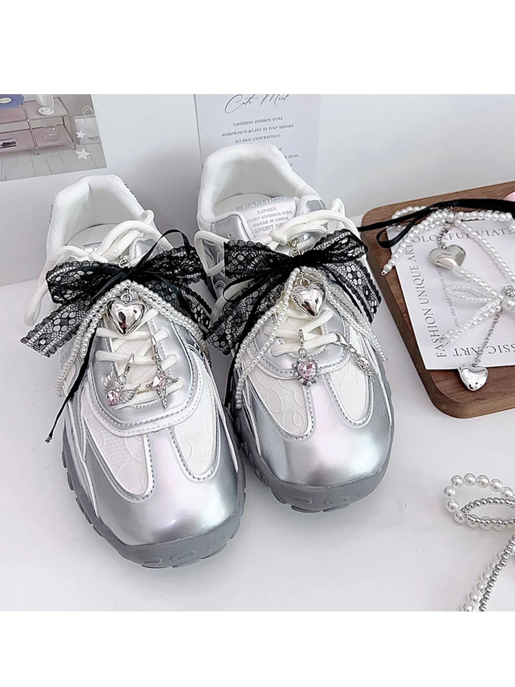 1 pièces mode dentelle perle arc lacets breloques baskets pendentif décoratif amour chaussure chaîne boucle chaussure breloques accessoires