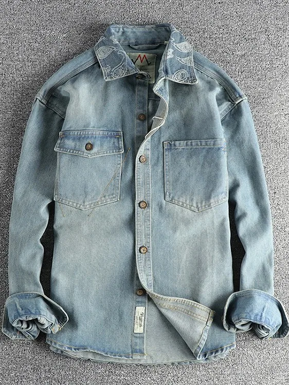 

American Sle Long Sve Men's Denim irt Walnut Flower Design Retro Briti Spring Autumn Trendy Outerwear Casual Loose Fit