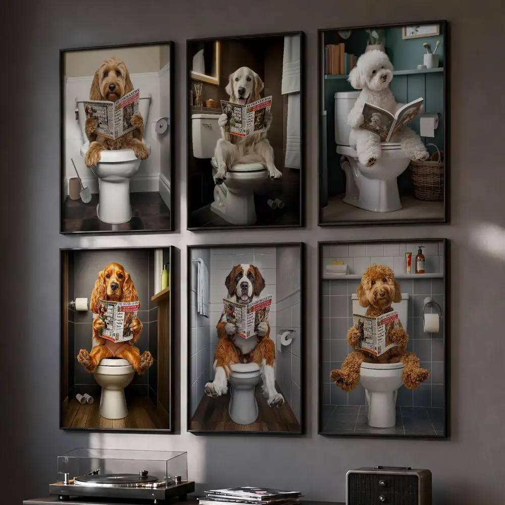 Funny Animal On Toilet Dog Poster HD Home Wall Stickers House Hallway Living Room Bedroom Bar Office Decor Art Prints