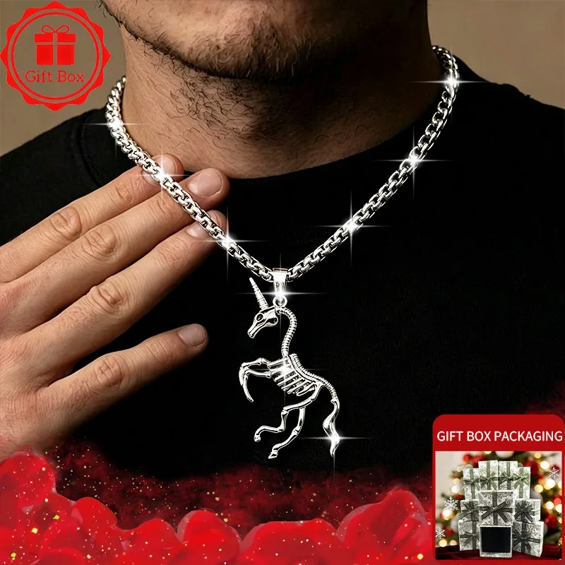 Gothic Unicorn Skeleton Pendant Necklace for Men Women Stainless Steel Box Chain Skull Horse Animal Punk Biker Jewelry Gift
