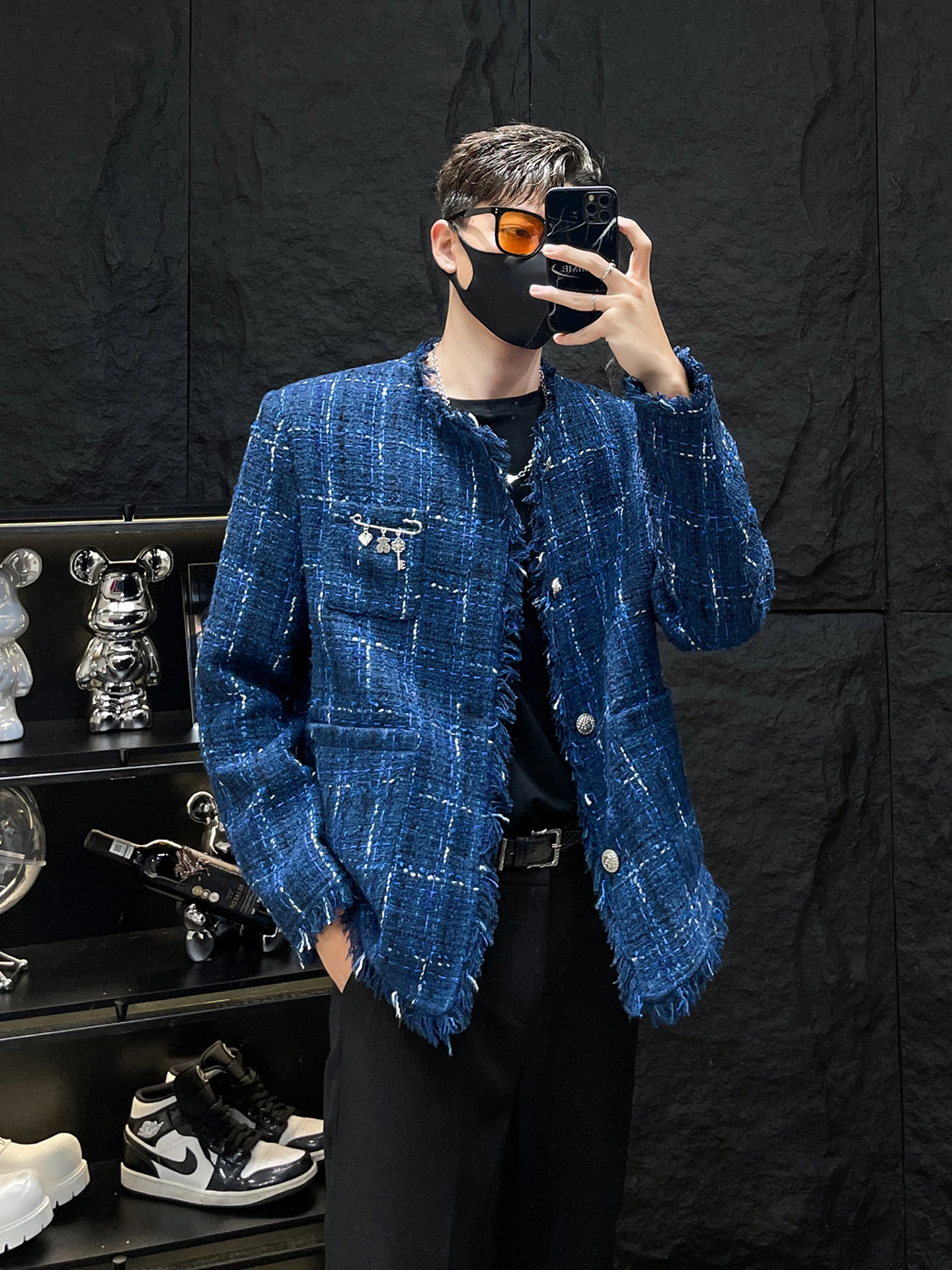 

Синяя накладка на плечо Jaet для мужчин с бахромой и подолом, повседневное модное пальто молодежное молодежное пальто свободного покроя, длинное свековое круглое Ne Jaet