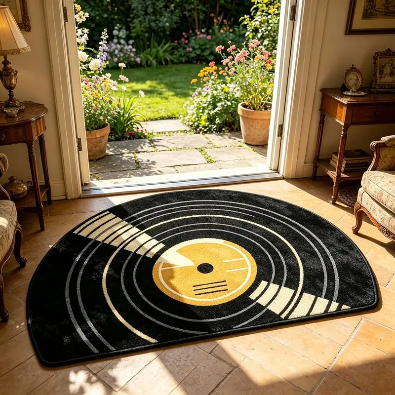 VIKAMA Retro Vinyl Record Print Semicircle Doormat Non Slip Dirt Trapping Floor Mat For Entryway Front Porch Music Home Decor