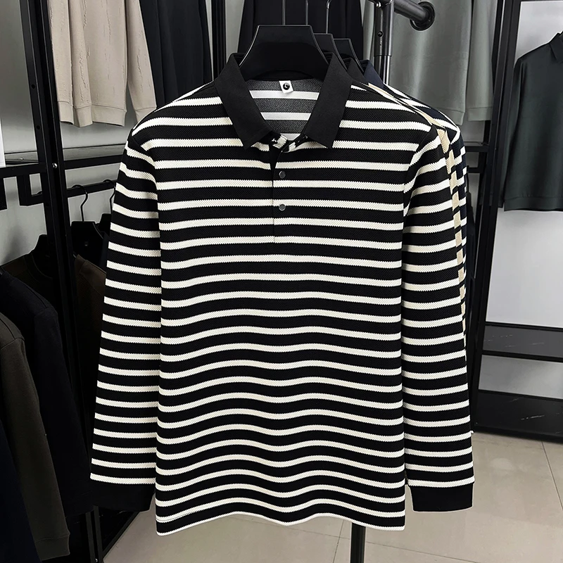 Men's Autumn New Style Striped Long-Sleeved T-Shirt Collar Color-Block Polo Shirt High-End Luxurious Business Casual Men's Wear
