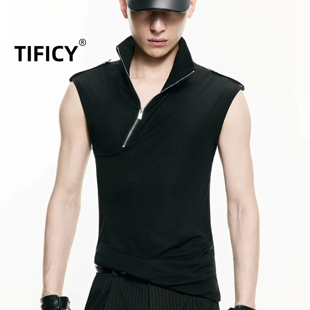 High Street Men's Tank Top with Diagonal Zipper Stand Up Collar Sleeveless Black Elastic Knitted Streetwear Fashion Tank Top