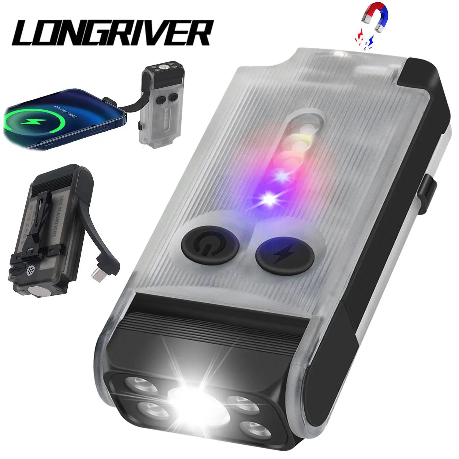 LONGRIVER V30 EDC UV Flashlight Type-C Rechargeable Power Bank Work Light Magnet Buzzer Torch Camping Pocket Lantern with Clip