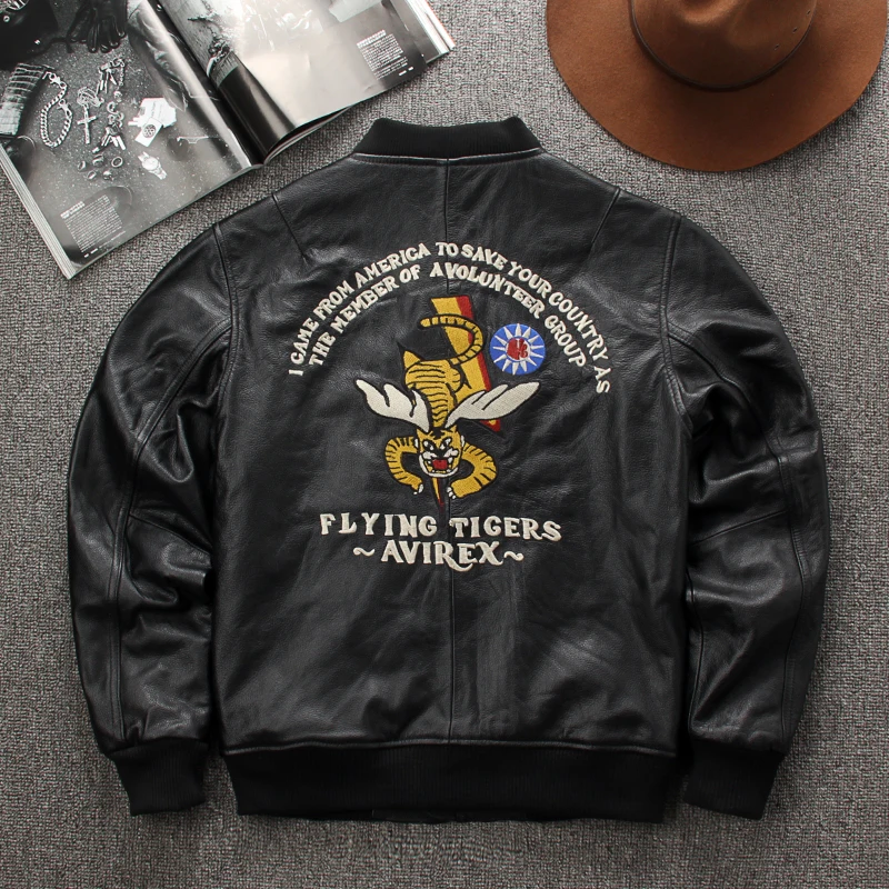 

2024 New Men's Genuine Leather MA-1 Jacket USA Air Force Flying Tiger Embroidered Warm Classic Coat