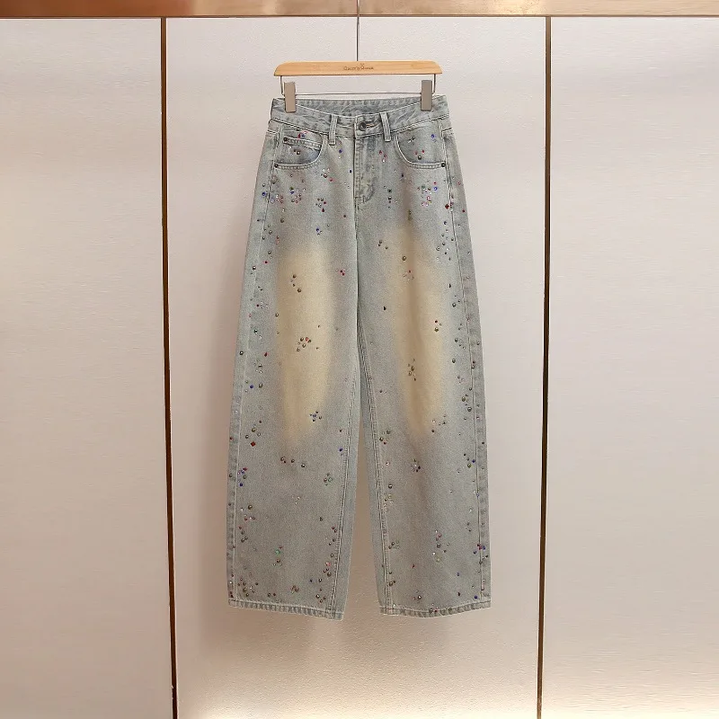 

Женские широкие джинсы с высокой талией, винтажные джинсовые брюки с бриллиантовым декором, осенне-зимняя мода