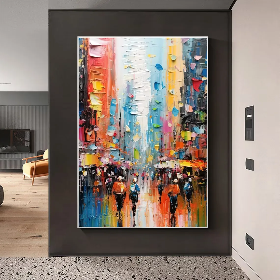 Large Abstract Colorful Cityscape Oil Painting on Canvas, Custom Urban Art Picture , Modern Living room Wall Decor, Hand Made