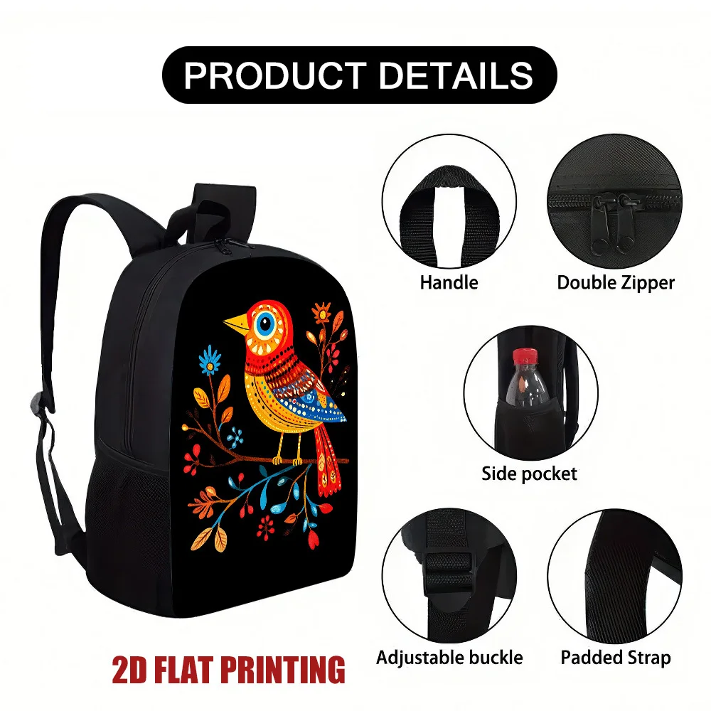 

A colorful bird-themed backpack designed for style and practicality, ideal for school and daily use, suitable for teens