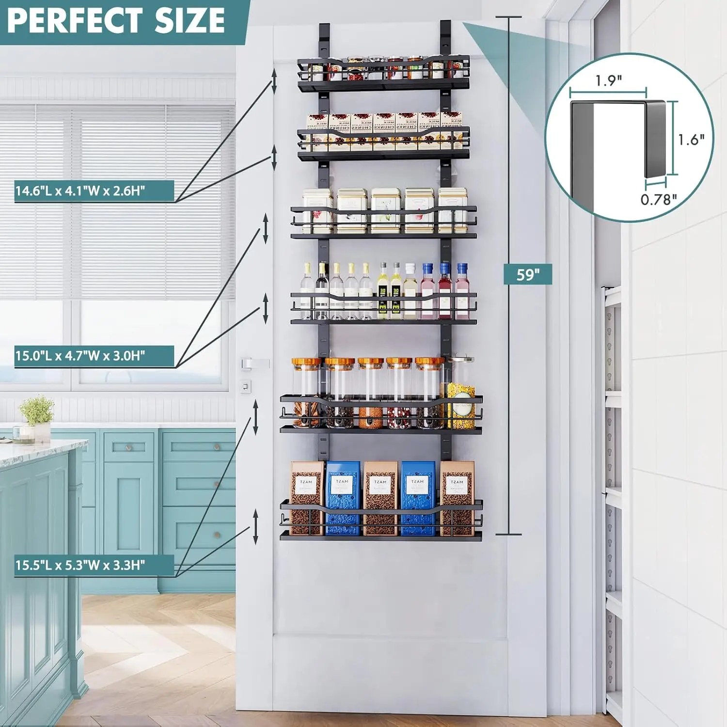 منظم مخزن فوق الباب، منظم فوق الباب مكون من 6 طبقات مع سلة قابلة للتعديل، رف توابل خلفي للباب (أسود)